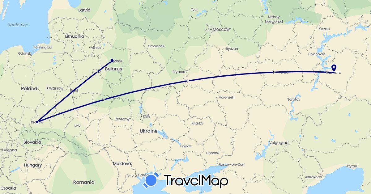 TravelMap itinerary: driving in Belarus, Poland, Russia (Europe)
